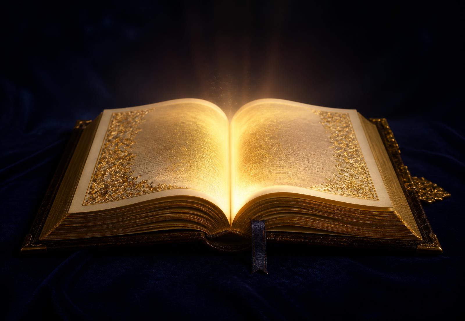 An open Bible glowing with warm golden light